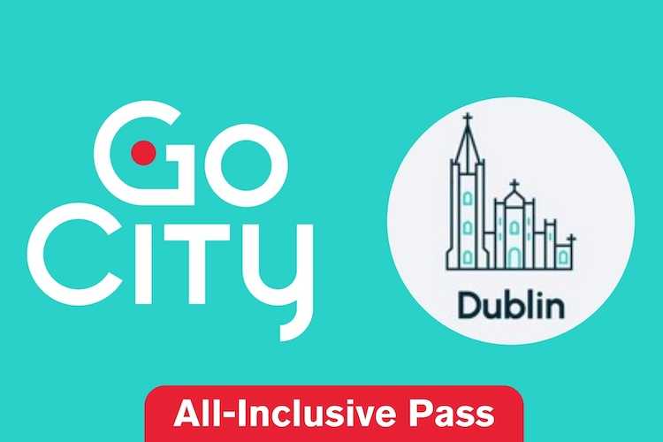 Diseño oficial del Dublin All-Inclusive Pass digital de Go City con un gráfico ilustrativo de una catedral sobre un fondo verde azulado